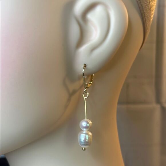 9-10mm Double Pearl Bar Dangle Earrings 14Yg/ 925 silver - Picture 1 of 7